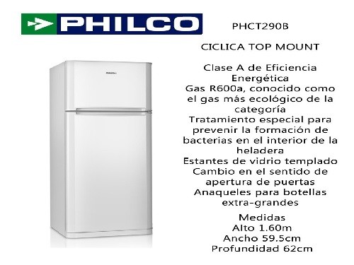 HELADERA PHC-T290B/01 C/FREEZER 285LT BLANCA PHILCO