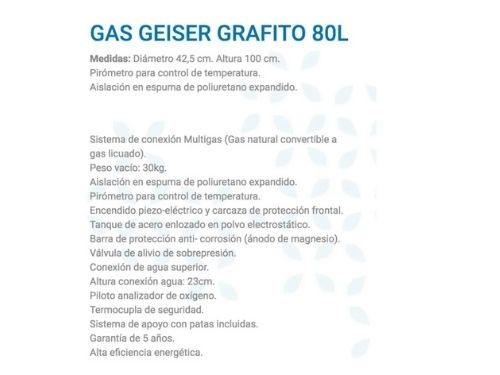 Termotanque Escorial 80 Litros Geiser Grafito Multigas Premium 5 Años