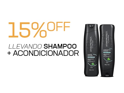 15% off llevando Shampoo + Acondicionadores Atom Protect