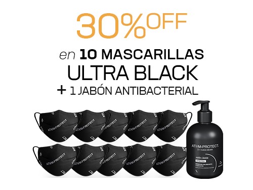 30% off 10 Barbijo Ultra Black +Jabón Antibacterial Atom Protect