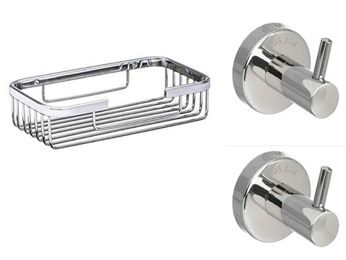 Kit de jabonera y 2 perchas cromadas para baño