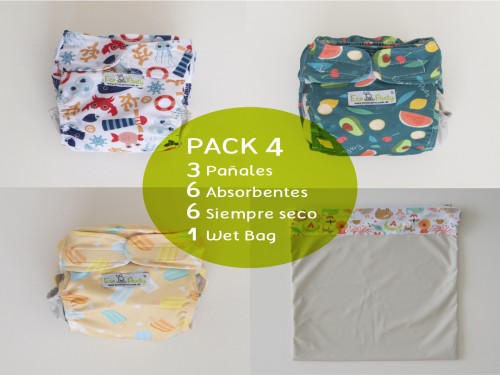 Pack de 3 Pañales de Tela "A" con Wet Bag y Absorbentes EcoParty