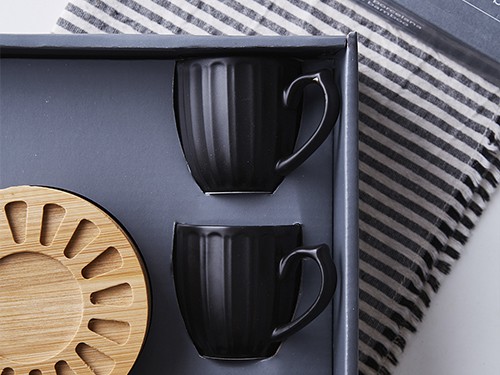 POCILLOS de CAFE BLACK CON PLATO DE BAMBÚ 60ML X 6