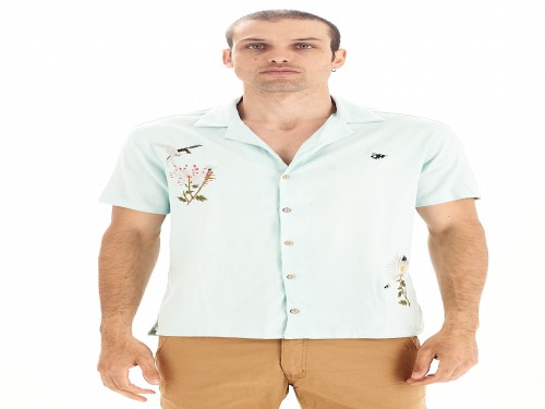 Camisola de Lino Manga Corta con Bordado Discobolo