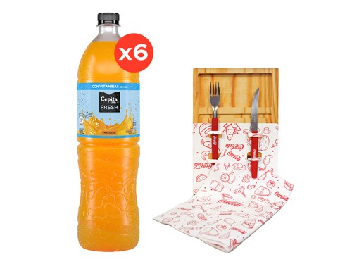6 Cepita Fresh Naranja 1500cc + 1 Kit Asado + 1 Repasador Coca-Cola