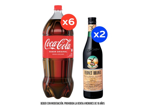 6 Coca-Cola Reducida en azúcares 3000cc + 2 Fernet Branca 750cc