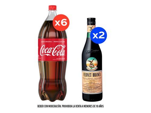 6 Coca Cola Reducida en Azúcares 2,25Lts + 2 Fernet Branca 750ml