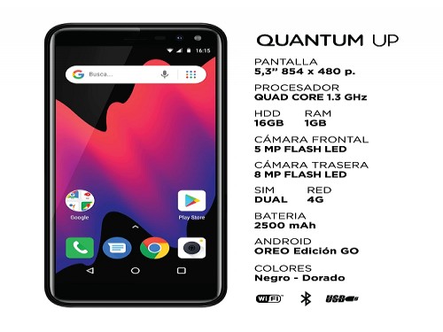 Celular UP 5.3" + Quad-Core + 16GB + Android Oreo Go Negro  - Quantum 