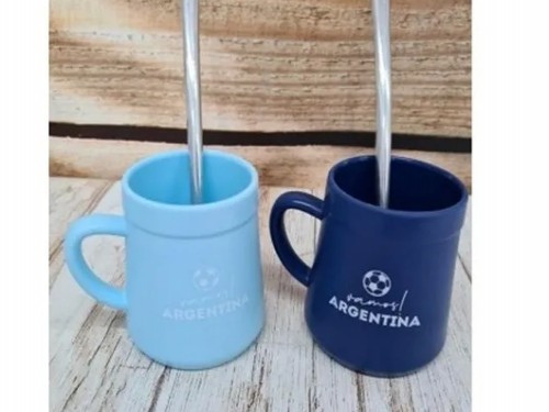 Set X6 Mate Plástico Con Asa Y Bombilla Diseño Argentina
