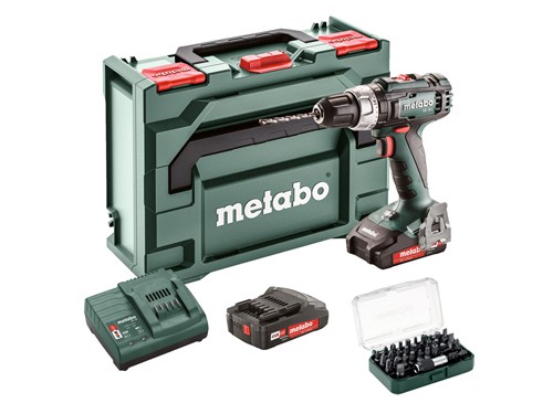 Taladro percutor a batería maletín 2 baterías y kit de puntas Metabo