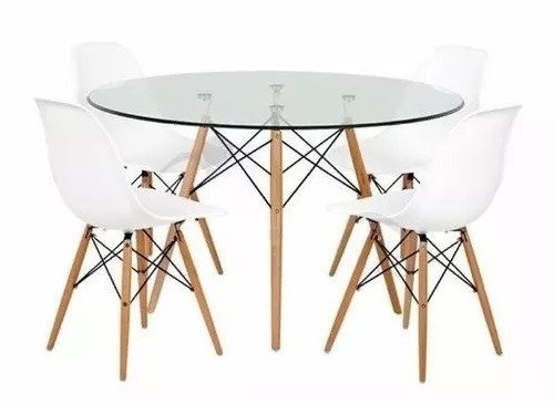 Juego de comedor mesa redonda vidrio 100cm + 4 sillas Eames