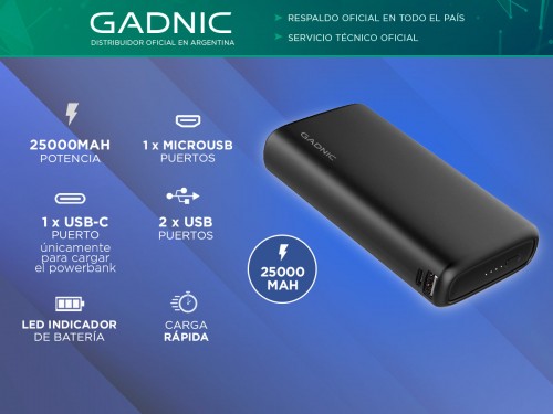 Cargador Portátil Gadnic K25 25000 mAh Carga Rápida 2 USB + USB C