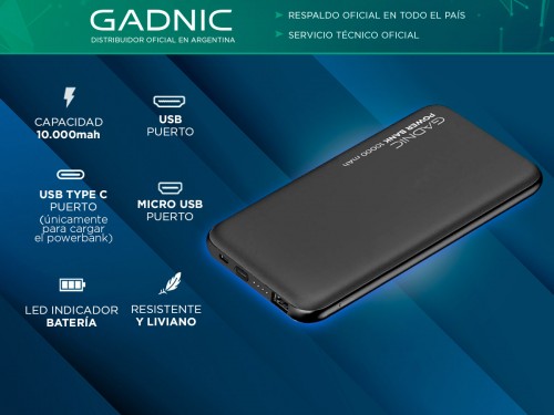 Cargador Portátil Gadnic BC-26 10000 mAh Carga Rápida USB C Indicador