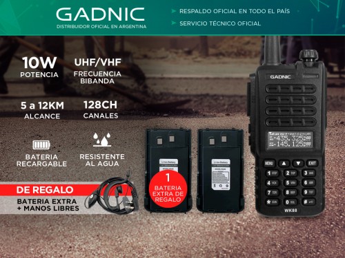Handy Gadnic WK88 Bi-Banda 10w 128CH Hasta 12km + 2 Baterías y Manos L