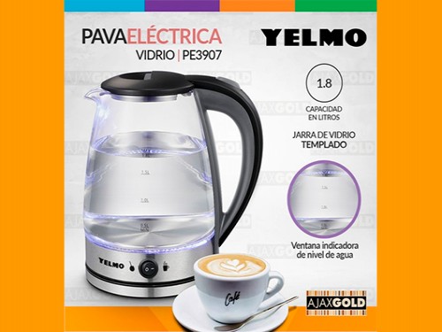 Pava Electrica Vidrio 200v 1.7L Jarra Mate Inoxidable Yelmo