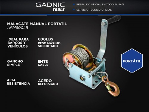 Malacate Manual Gadnic APM600LB 600 LBS Con Cable De 8 Metros Portatil