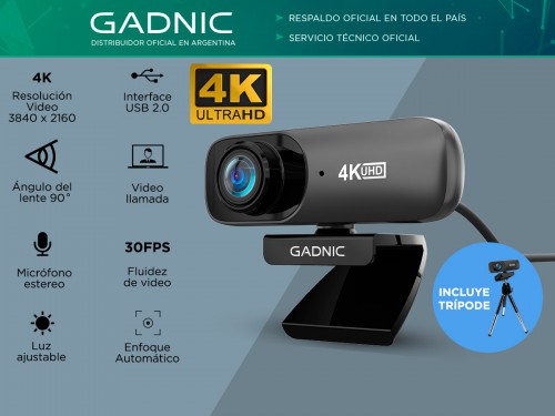 Webcam Gadnic 4K UHD USB con Micrófono Streaming 30fps + Tripode grati