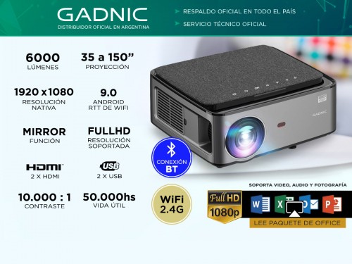 Proyector Gadnic 6000 Lúmenes WiFi Android Bluetooth Filtro HEPA HDMI