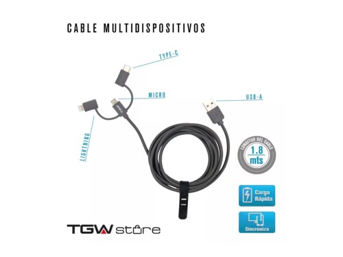 Cable 3 En 1 Usb-a A Usb Type-c + Lightning + Micro Tagwood