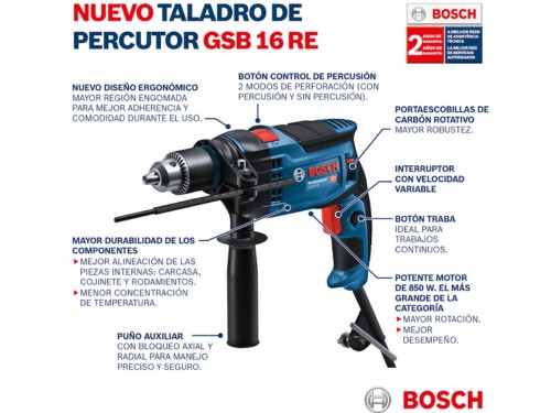 Taladro percutor Bosch GSB 16 RE 850W 220V en maletín