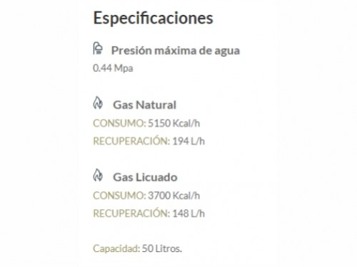 Termotanque Gas 50 Lts. c/Sup e Inf. Blanco SEÑORIAL ZAFIRO TSZP-50