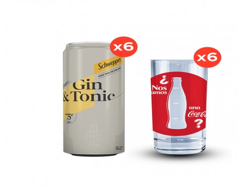 Schweppes Gin&Tónic 310ml x6 + Vasos Verano Coca Cola 320ml x6