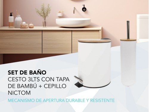 Tacho De Basura 3lts Tapa Bambú + Escobilla De Baño Nictom