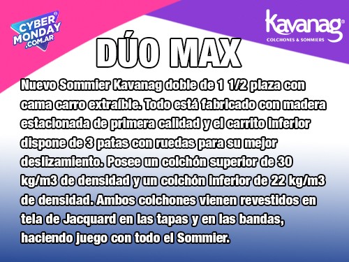 SOMMIER DÚO MAX-ALTA DENSIDAD-CAMA CARRO EXTRAÍBLE-1 1/2 PLAZA 200X090