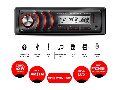 Estéreo con USB, bluetooth y lector de tarjeta SD Crown Mustang