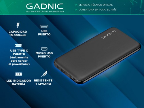 Cargador Portátil Gadnic BC-26 10000 mAh Carga Rápida USB C Indicador
