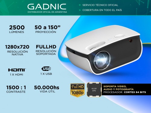 Proyector Gadnic Unique 2500 Lúmenes HDMI USB AV Full HD
