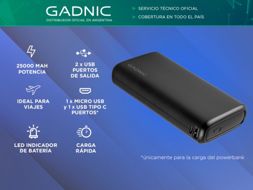 Cargador Portátil Gadnic K25 25000 mAh Carga Rápida 2 USB