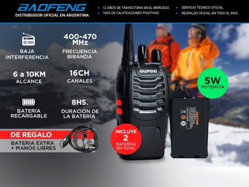 Handy Baofeng BF-888S 5w 16CH UHF Hasta 10km + 2 Baterías y Manos Libr