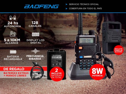Handy Baofeng UV-5R Bi-Banda 8w 128CH c/ Funda Hasta 10km + 2 Baterías