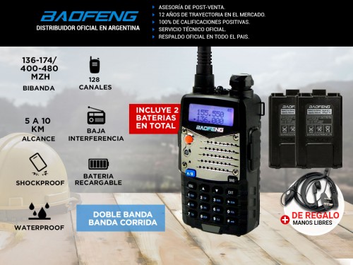 Handy Baofeng UV-5RA Bi-Banda 5w 128CH Hasta 10km + 2 Baterías y Manos