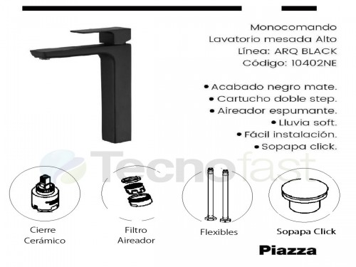 Griferia Monocomando Negro Lavatorio Alto Arq Piazza 10402ne