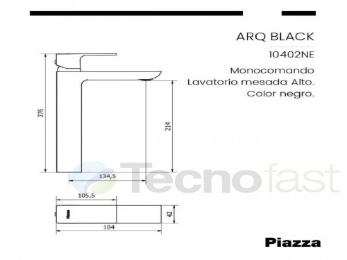 Griferia Monocomando Negro Lavatorio Alto Arq Piazza 10402ne