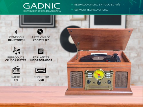 Tocadiscos Gadnic Soundix6 Vintage Bluetooth 3 Velocidades FM USB Cass