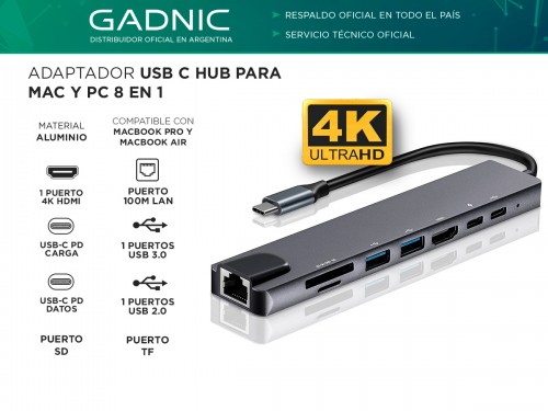 Adaptador USB C Hub Para Mac y Pc 8 en 1 Usb C - HDMI - Usb 3.0 - Red