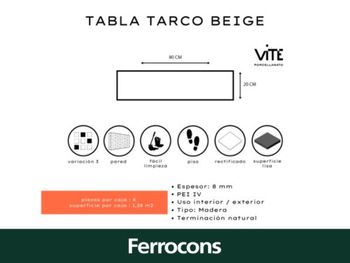 PORCELANATO TABLA TARCO BEIGE 20X80 NATURAL RECTFICADO - VITE