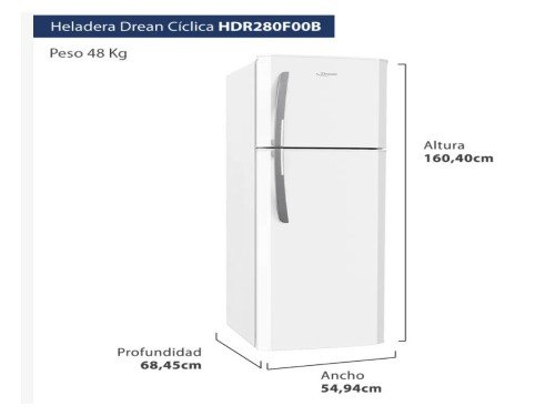 HELADERA HDR-280F00B C/FREEZER 264LT BLANCA DREAN