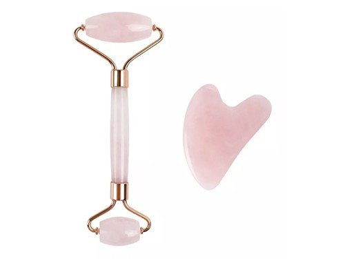 Set Roller Y Piedra Gua Sha Masajeador Facial Cuarzo Rosa