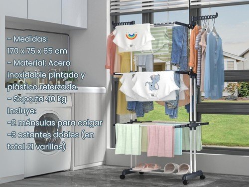 Tender Ropa 3 Niveles Plegable Ruedas Vertical Tendedero Movil