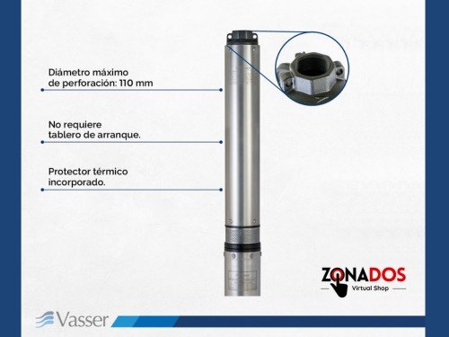 Bomba Sumergible Pozo Vasser BS4-100 4" de 1 HP Elevación a 55 Metros