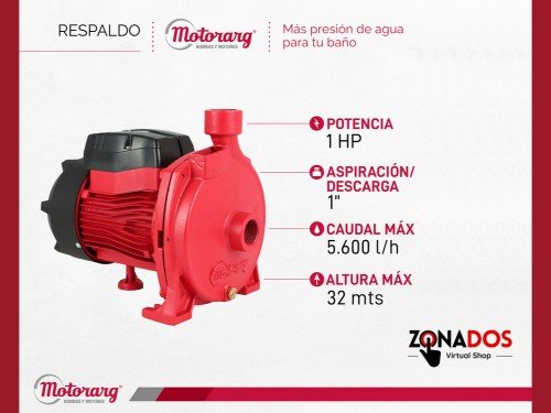 Bomba Centrifuga Motorarg BC 100 de 1 HP Eleva Agua Limpia a 32 mts.