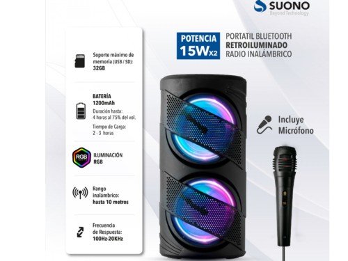 Parlante Portátil Inalámbrico 6.5 pulgadas 2 parlantes Sonido Hd Suono