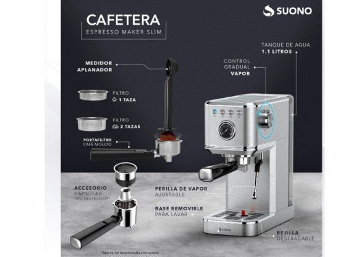 Cafetera Expresso Slim 20 Bar 1350w 1.1L Capsula y Vaporizador Suono