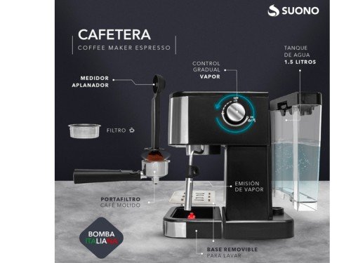 Cafetera Express Suono 1.5 L Acero Inoxidable 20 Bar 1350W Espumador