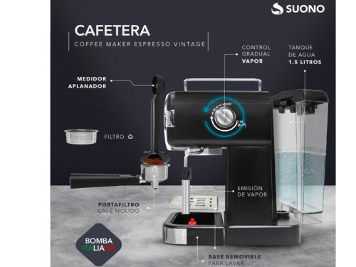 Cafetera Espresso Vintage Suono 1.5L Bomba Italiana 20Bar Espumador