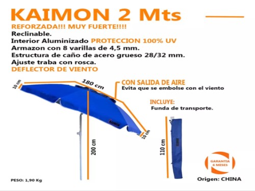 Sombrilla Playera 2m Kaimon Reforzada Deflector Viento Playa